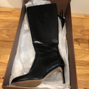 Black Leather Coach Heeled Boots
